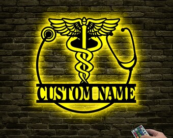 Caduceus Metal Wall Art with LED Light, Personalized Nurse Gift