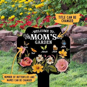 Personalized Garden Sign, Custom Mom&#39;s Garden Plaque, Butterfly Name Stake, Outdoor Yard Decor, Flower Sign, Family Gift, Nana&#39;s Blessings