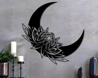 Lotus Wall Art, Lotus Flower Sign, Moon Flower Metal Wall Art, Moon Floral Wall Home Decor, Gift Idea