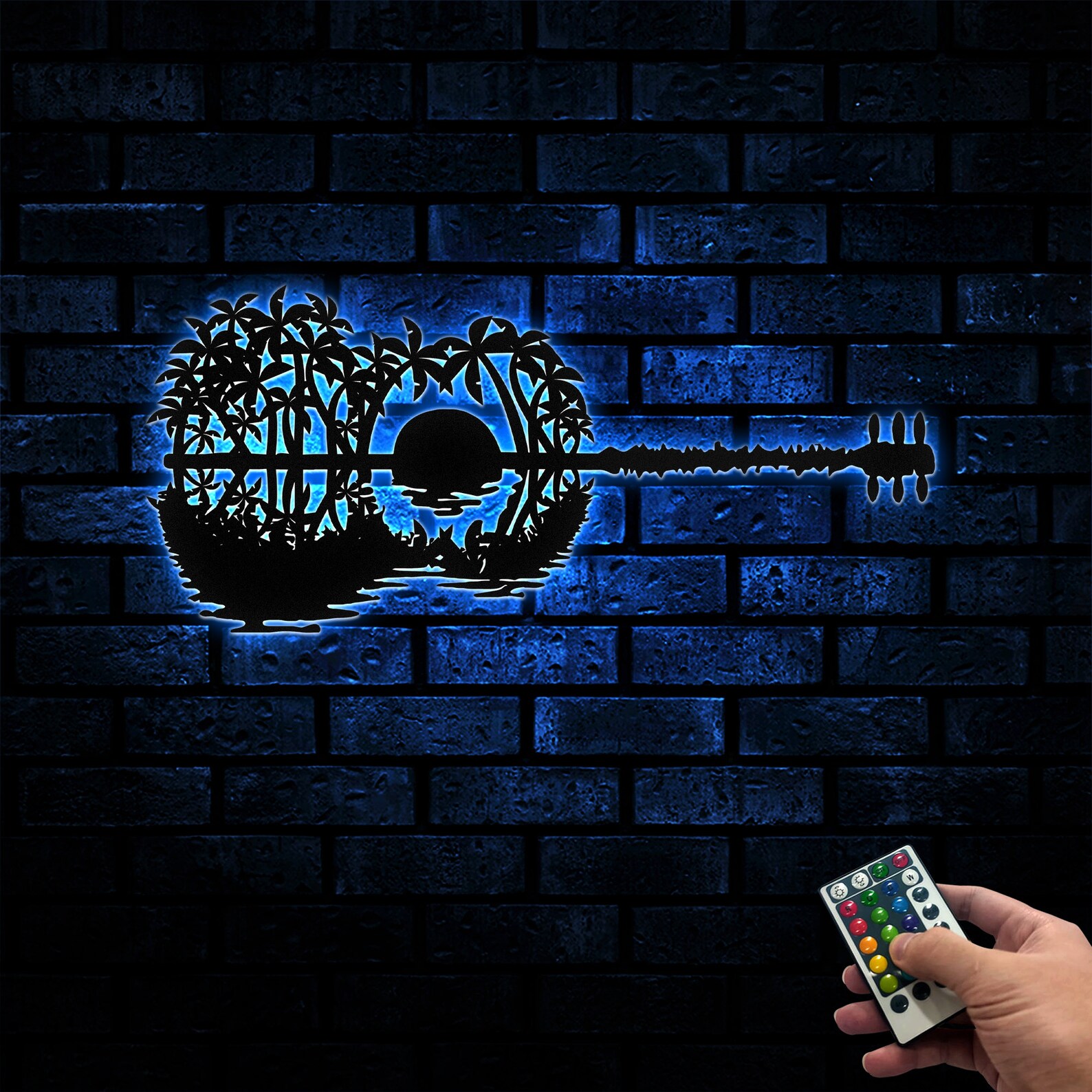 Guitar Sunset Metal Wall Art With Lights Palm Tree Guitar Etsy