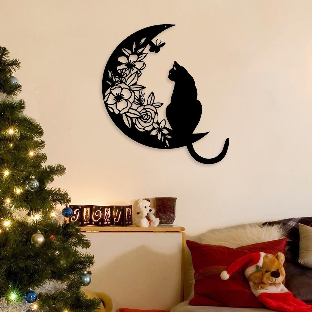 Cat and Moon Metal Wall Art, Cat Wall Decor, Cat on Moon, Cat Lover