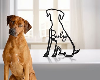Plaque de table en métal Rhodesian Ridgeback, statue sculpture minimaliste, race de chien personnalisée, fil métallique, cadeau pour amoureux des chiens, décoration de bureau à domicile