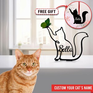Custom Cat Name Metal Table Sign, Minimalist Sculpture with Magnet Butterfly