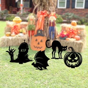 Metal Halloween Garden Stake, Halloween Outdoor Signs, Halloween Party Decor, Pumpkin Tombstone Cat and Bat Metal Sign, Yard Fall Decor