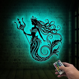 Mermaid Queen Metal Wall Art with Led Light, Mermaid Home Decor, Mermaid Lover Gift, Nursery Decor, Girl Room Decor, Birthday Christmas Gift
