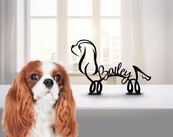 Plaque de table en métal Cavalier King Charles Spaniel, statue sculpture minimaliste, race de chien personnalisée, fil métallique, cadeau pour amoureux des chiens, décoration de bureau à domicile