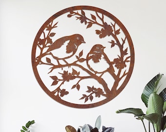 Metal Robin Birds on Branch, Rustic Garden Sign, Steel Outdoor Decor