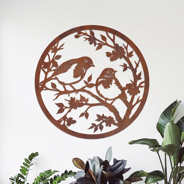 Metal Robin Birds on Branch, Rustic Garden Sign, Steel Outdoor Decor