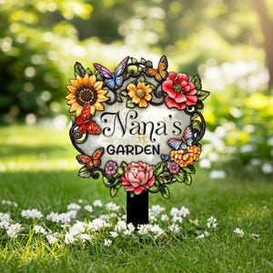 Personalized Nana&#39;s Garden Sign, Custom Floral Yard Sign, Outdoor Garden Decor, Butterfly and Flower Sign, Gift for Grandma Nana&#39;s Blessings