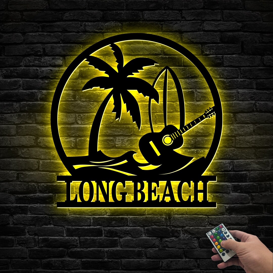 Personalized Metal Beach Sign With Lights, Surf Metal Art, Palm Tree