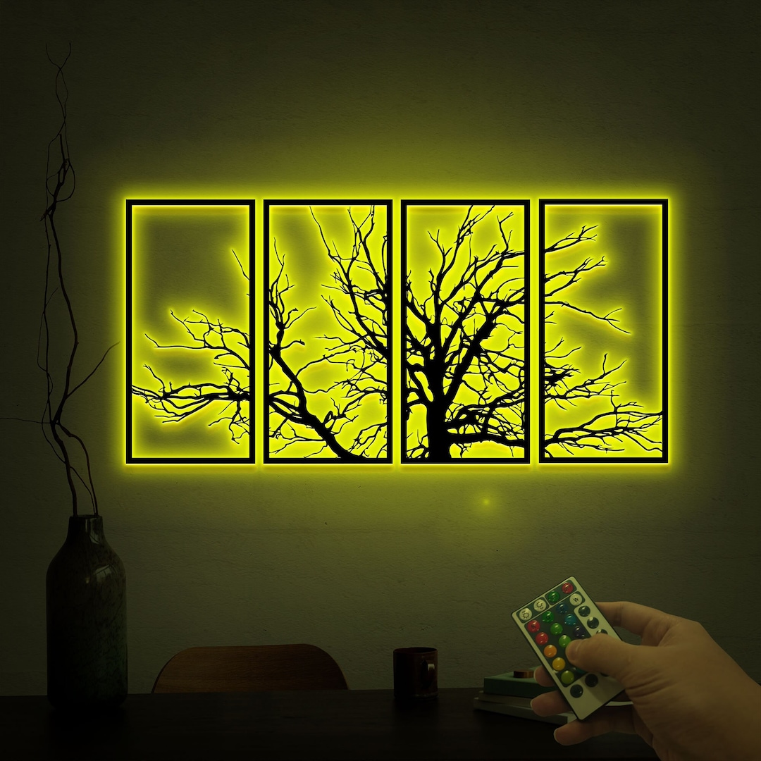 4 Panels Tree of Life Metal Wall Art Led Light, Metal Tree Decor, Metal ...