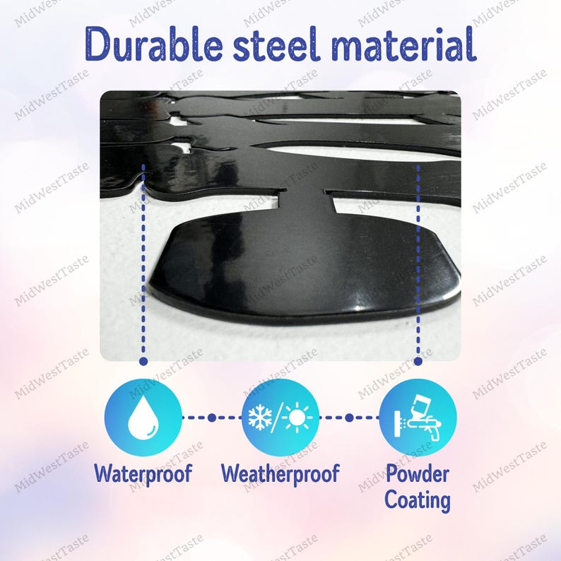 Puede incluir: Primer plano de un letrero de metal negro con el texto "Durable steel material" en la parte superior. El letrero es impermeable, resistente a la intemperie y tiene un recubrimiento en polvo.