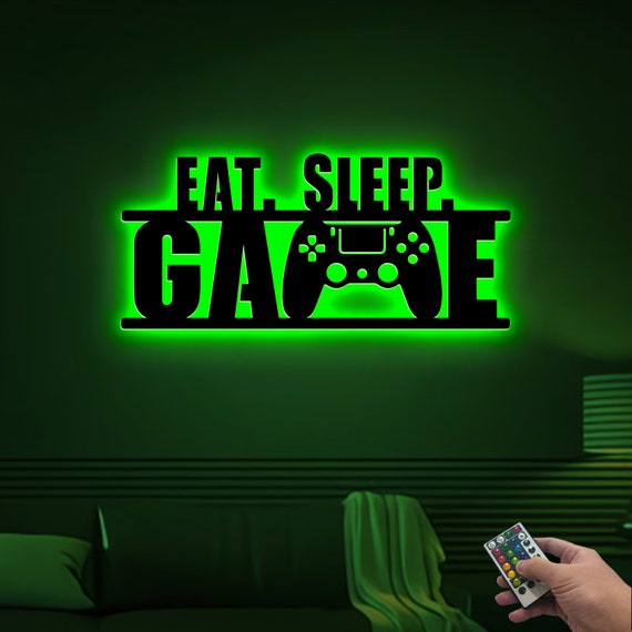 Eat Sleep Game Metal Sign Led Light, Video Game Controller Wall