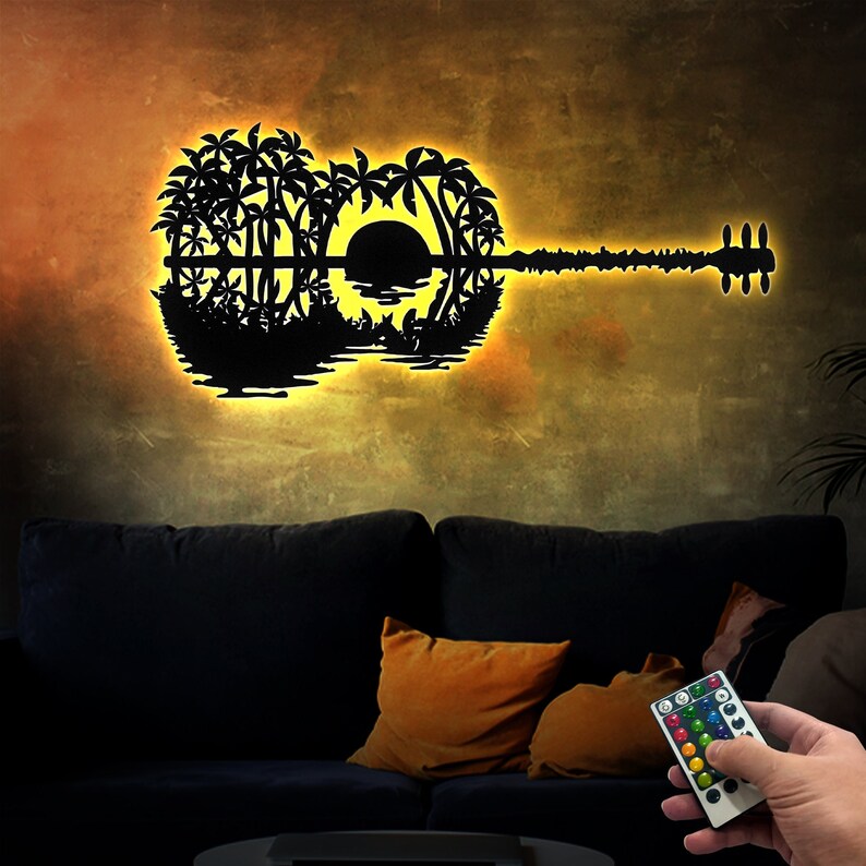 Guitar Sunset Metal Wall Art With Lights Palm Tree Guitar Etsy