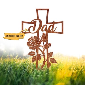 Custom Memorial Cross Stake, Grave Marker, Memorial Stake for Ourdoor, Cross, Cemetery Stake, Rusty Sign, Rustic Cross, Father&#39;s Day Gift