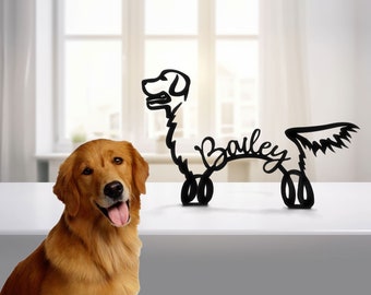 Plaque de table personnalisée en métal Golden Retriever, statue sculpture minimaliste, race de chien personnalisée, fil métallique, cadeau pour amoureux des chiens, décoration de bureau à domicile
