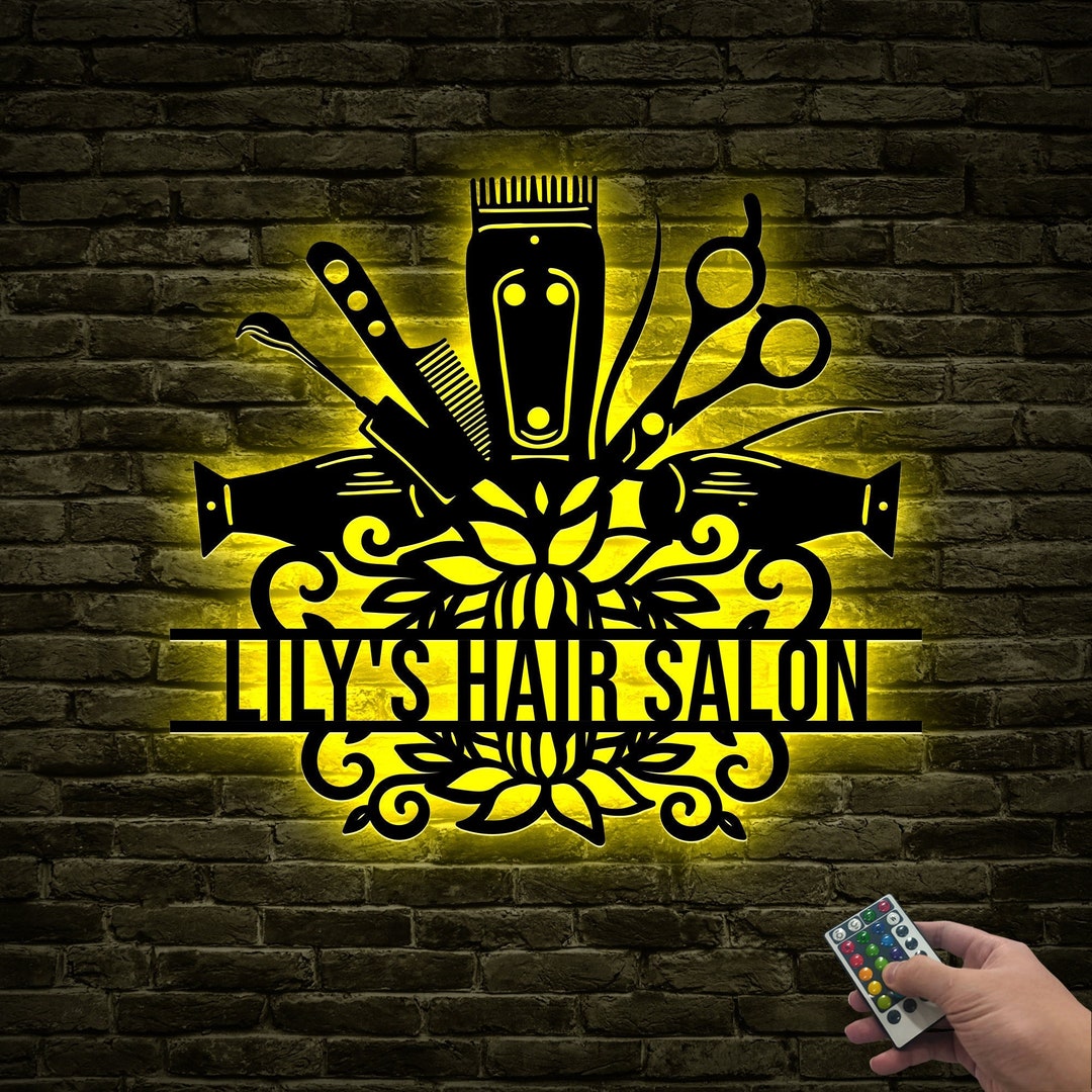 Personalized Hair and Nail Salon Metal Wall Art With Lights, Hair Salon