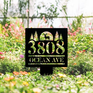 Custom Stake Address Sign, Deer Address Outdoor Decor, Cabin Decor, Driveway Entrance Decor, Metal House Number Sign, Metal Address Numbers
