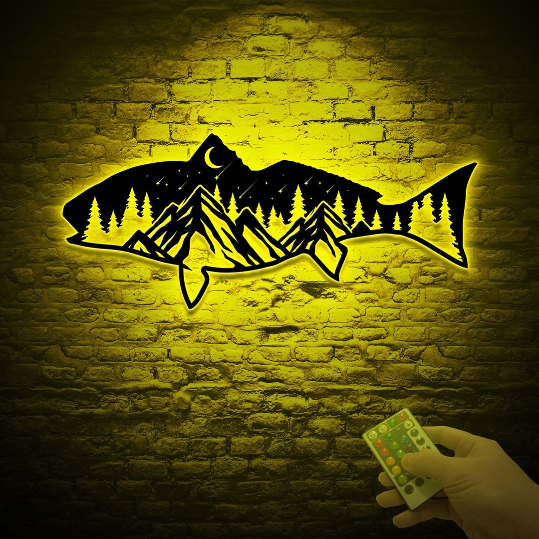 Mountain Red Drum Fish Metal Wall Art Led Light Fishing Gifts Etsy