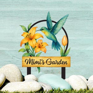 Custom Hummingbird Metal Garden Sign, Bird with Stakes Garden Decor, Mother&#39;s Day Gardening Gift, Nana&#39;s Blessings, Gardener Name Sign