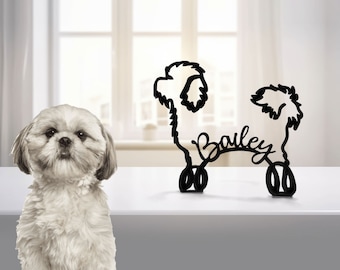 Plaque de table personnalisée en métal Shih Tzu, statue sculpture minimaliste, race de chien personnalisée, fil métallique, cadeau pour amoureux des chiens, décoration de bureau à domicile