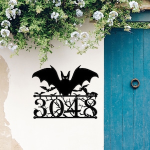 Personalized Bat Address Metal Sign, Custom House Number, Halloween Bat Sign, Metal Number Plaque, Front Porch Decor, Entryway Hanging