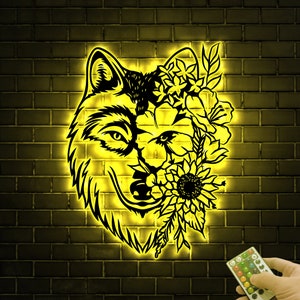 Floral Wolf Face Metal Wall Art With Led Lights, Wolf Sign, Wild Life Sign, Wild Animal Metal Wall Art, Living Room Decor