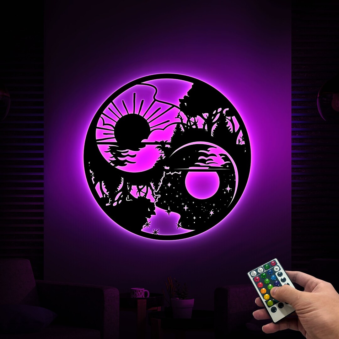 Yin Yang Sun and Moon Metal Wall Art With Led Light, Housewarming Gift