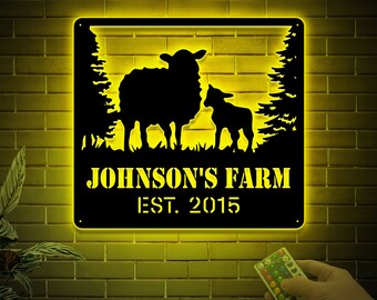 Custom Metal Sheep Farm Sign with LED Lights, Barn Decor