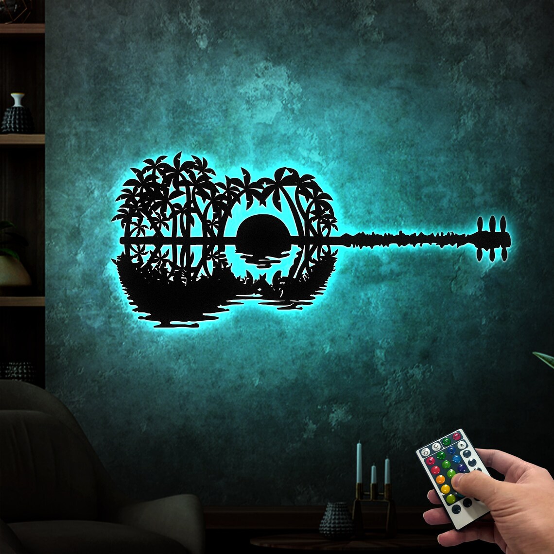 Guitar Sunset Metal Wall Art With Lights Palm Tree Guitar Etsy