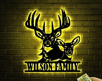 Personalized Deer Metal Wall Art With Led Lights, Custom Deer Sign, Deer Decoration, Living Room Decor, Gift For Dad, Son, Deer Hunter Gift