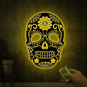 Metal Sugar Skull Sign with Led Light, Day of the Dead Decor, Dia De Los Muertos, Sugar Skull Gift Halloween Decor, Skull Lover Gift