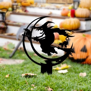 Witch on Broomstick Metal Garden Stake, Witch with Cat and Crow Garden Sign, Outdoor Halloween Sign, Witch on Moon Home Decor, Fall Decor