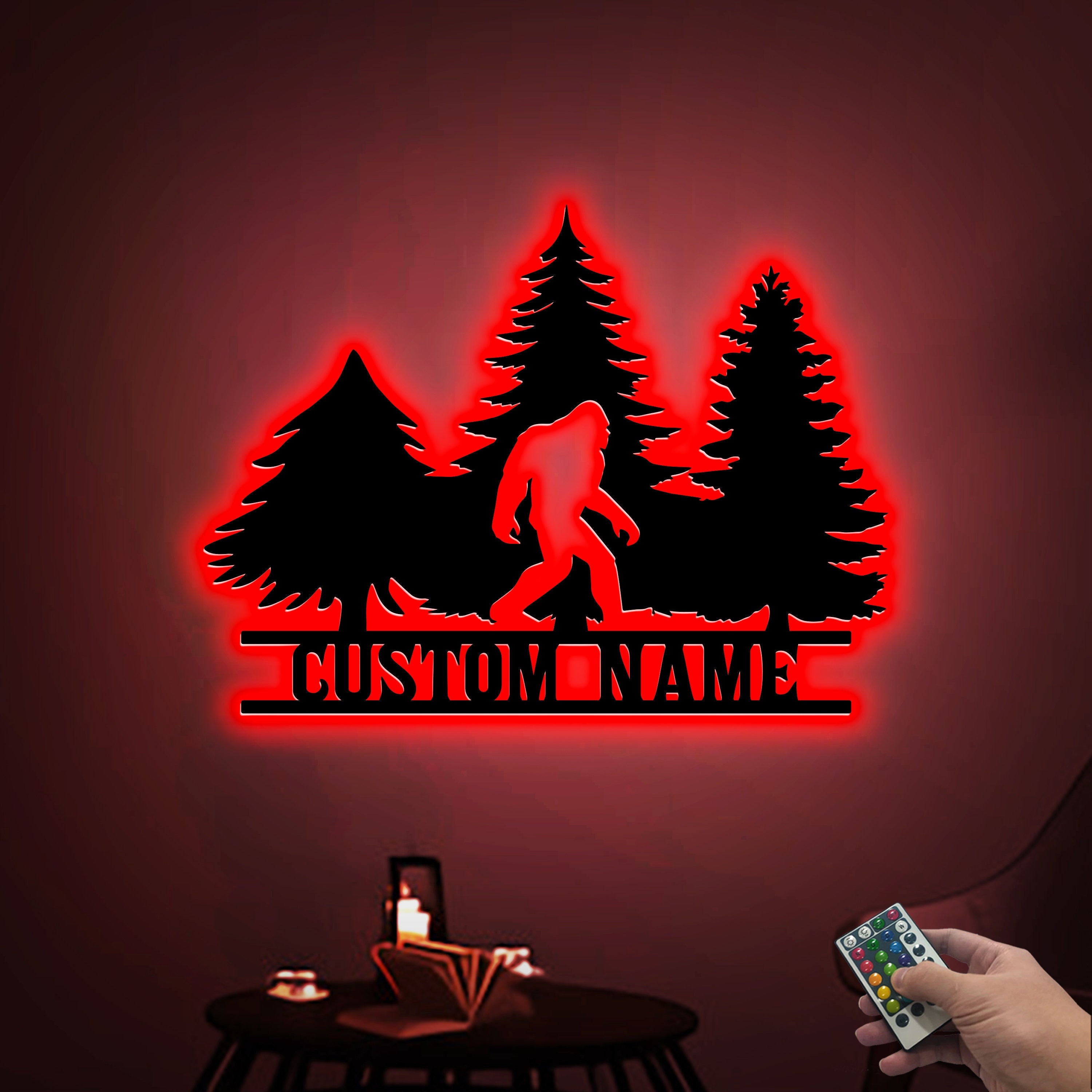 Custom Bigfoot Metal Wall Art Led Light, Bigfoot in Forest, Sasquatch Name Sign, Lodge Cabin Decor, Bigfoot Welcome Sign, Xmas Birthday Gift