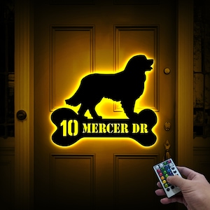Custom Bernese Mountain Dog Address Sign with Led Light, Address Monogram, Dog Bone Sign Dog House Number Sign, Metal Address Sign for House