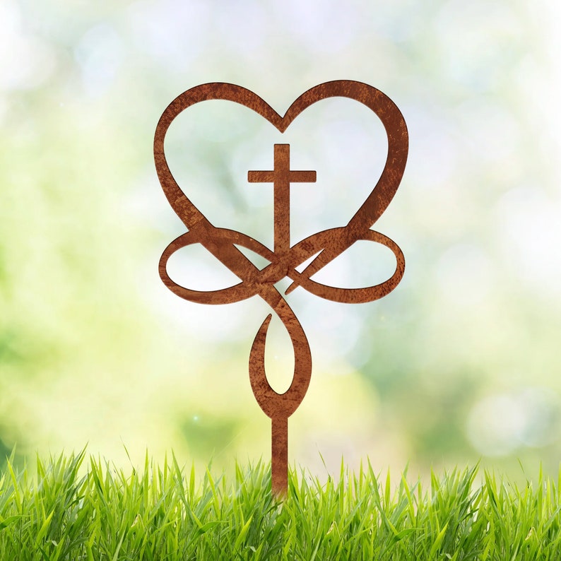 Heart Cross Infinity Yard Sign Rusty, Religious Outdoor Decorations, Metal Yard Art, Christian Gift, Vintage Garden Decor Metal Garden Stake image 7