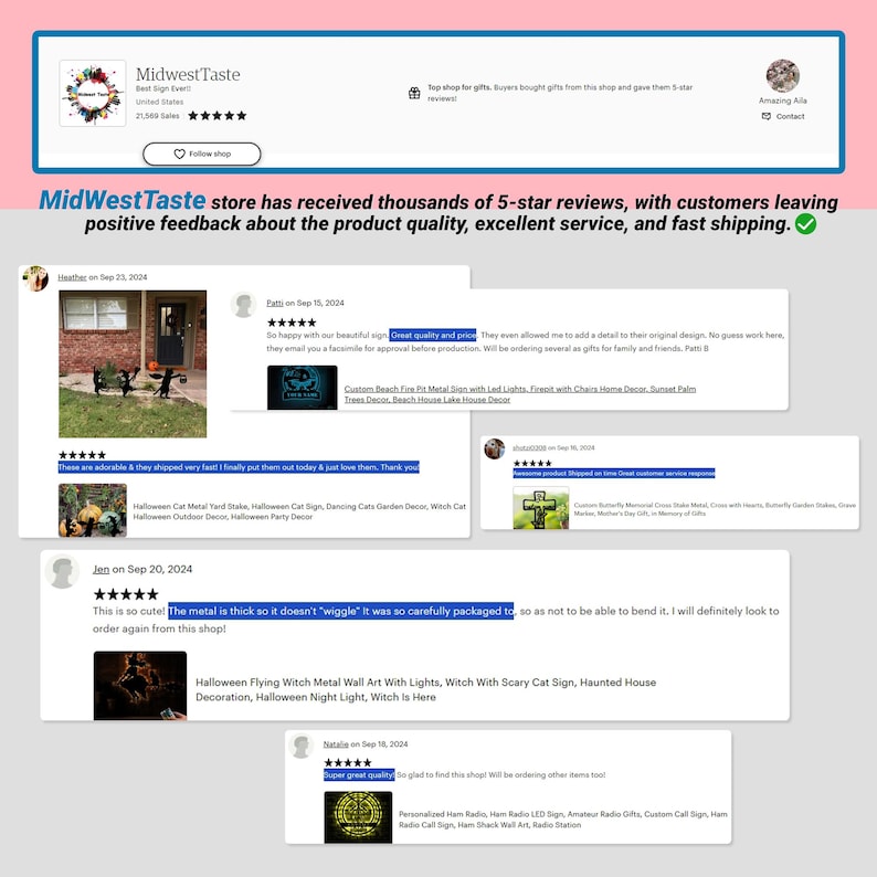 K&ouml;nnte beinhalten: Screenshots von Kundenbewertungen f&uuml;r einen Shop namens MidWestTaste. Die Bewertungen sind positiv und heben die Produktqualit&auml;t, den exzellenten Service und den schnellen Versand hervor. Die Bewertungen enthalten Bilder von Halloween-Dekorationen, einem Wandbild aus Metall und einem individuellen Schmetterlings-Gedenkkreuz.