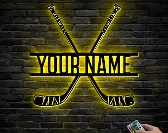 Personalized Hockey Sticks Monogram Sign, Led Lights Sticks, Kids Room Decor, Gift for Hockey Player, Gifts For Hockey Lover, Light Sticks