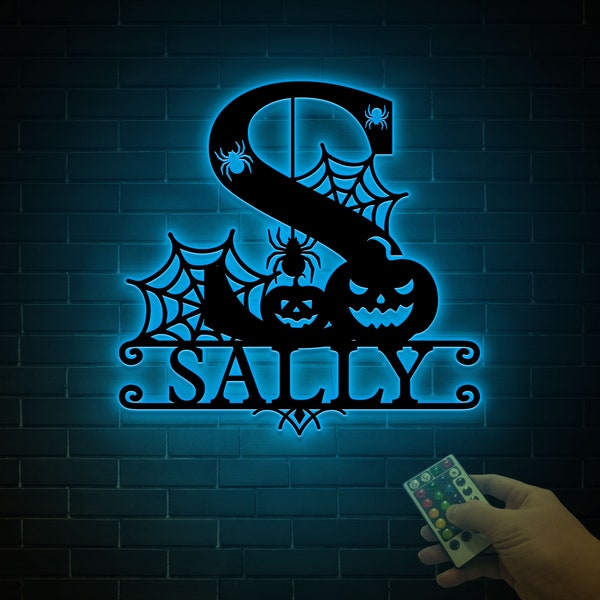 Personalized Halloween Metal Wall Art LED Light, Spooky Name Sign