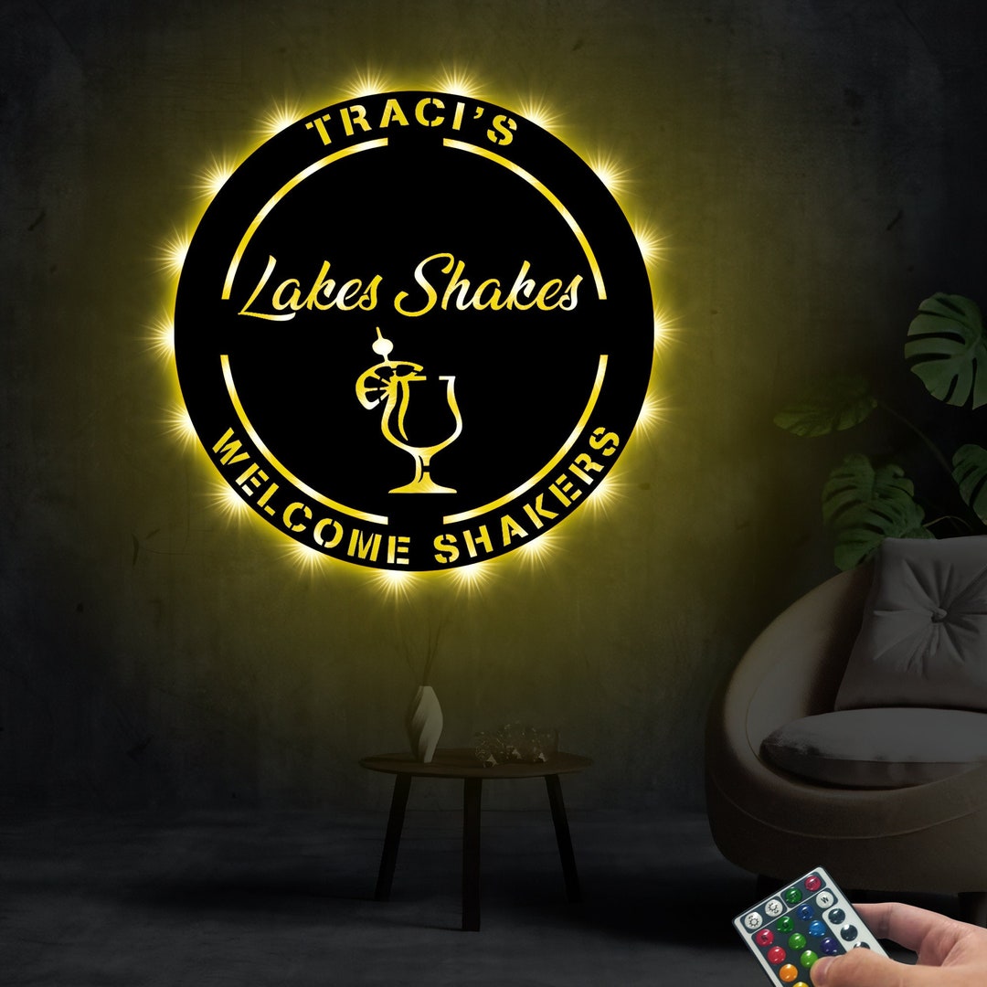 Custom Metal Wall Art With Led Lights for Shop Owner, Personalized Bar