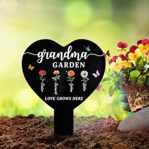 Personalized Grandma Garden Sign, Metal Flower Garden Stake with Grandkids&#39; Names, Heart Shaped Yard Decor, Nana&#39;s Blessings