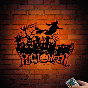 Halloween Halloween Metal Wall Art With Lights, Witch With Ghost Sign, Halloween Grave, Haunted House Decoration, Halloween Night Light