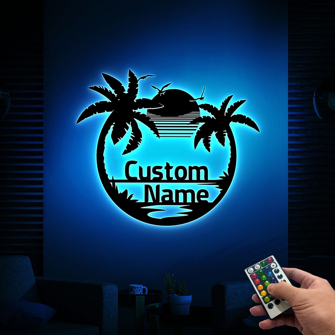 Custom Beach Sunset Palm Trees Metal Sign With Led Lights, Beach House