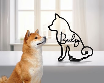 Plaque de table personnalisée en métal Shiba Inu, statue sculpture minimaliste, race de chien personnalisée, fil métallique, cadeau pour amoureux des chiens, décoration de bureau à domicile