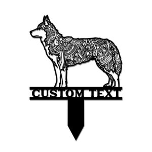 May include: Black metal dog silhouette with intricate patterned details. The dog stands on a base with the words "CUSTOM TEXT". The design is a decorative item, possibly for a garden or home decor.