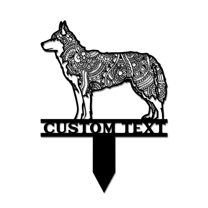 May include: Black metal dog silhouette with intricate patterned details. The dog stands on a base with the words "CUSTOM TEXT". The design is a decorative item, possibly for a garden or home decor.