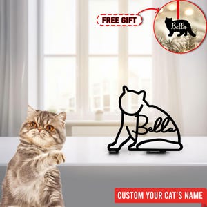 May include: A black cat silhouette ornament with the name "Bella" on it. The ornament is hanging from a string and is in front of a window. A gray cat is sitting on a white surface in the foreground. The text "FREE GIFT" and "CUSTOM YOUR CAT'S NAME" are also visible in the image.