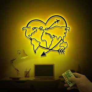 Carte du monde et avion, art mural en métal, lumière LED, décoration de bureau à domicile, cadeau pour amateur de voyage, dessin au trait en métal minimaliste, carte du monde en métal