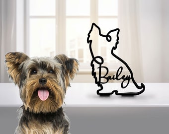 Plaque de table en métal Yorkshire Terrier, statue sculpture minimaliste, fil de fer personnalisé race de chiens, cadeau pour amoureux des chiens, décoration de bureau à domicile