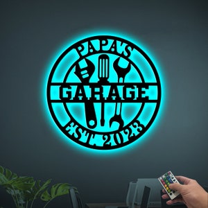 Personalized Garage Sign with Led Lights, Mechanic Tools Sign, Workshop Metal Sign, Fathers Day Gift, Custom Man Cave Sign, Garage Decor